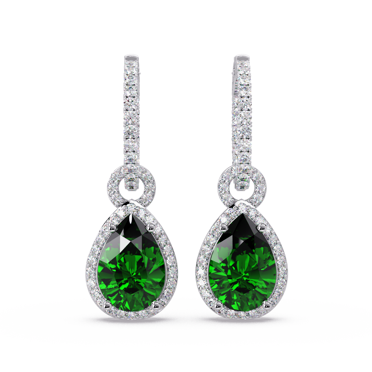 4.2 CTW pear halo colorstone drop earrings in White gold, Emerald Green centers