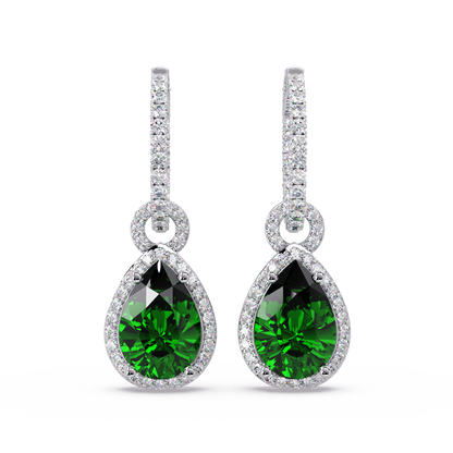 4.2 CTW pear halo colorstone drop earrings in White gold, Emerald Green centers