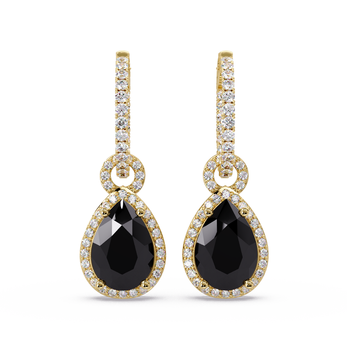 4.2 CTW pear halo colorstone drop earrings in Gold, Onyx centers