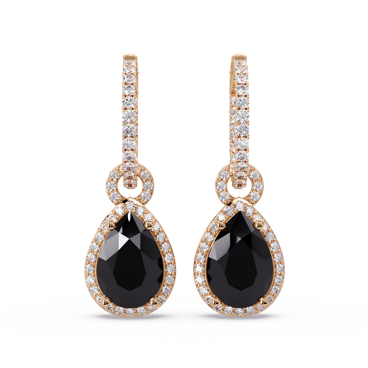 4.2 CTW pear halo colorstone drop earrings in Rose gold, Onyx centers