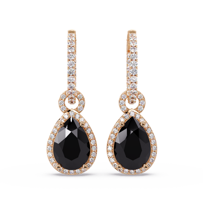 4.2 CTW pear halo colorstone drop earrings in Rose gold, Onyx centers