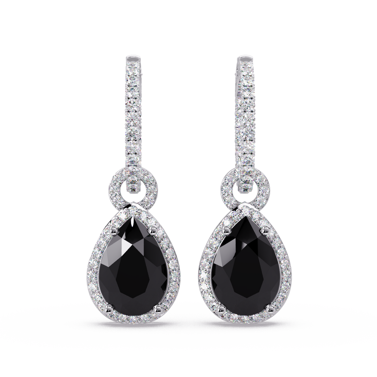 4.2 CTW pear halo colorstone drop earrings in White gold, Onyx centers