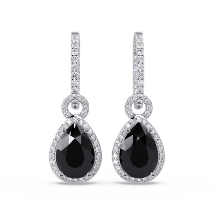 4.2 CTW pear halo colorstone drop earrings in White gold, Onyx centers