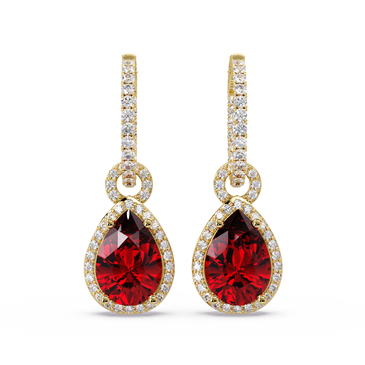 4.2 CTW pear halo colorstone drop earrings in Gold, Ruby Red centers