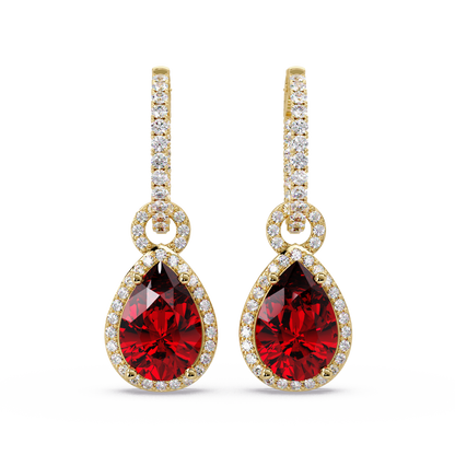 4.2 CTW pear halo colorstone drop earrings in Gold, Ruby Red centers