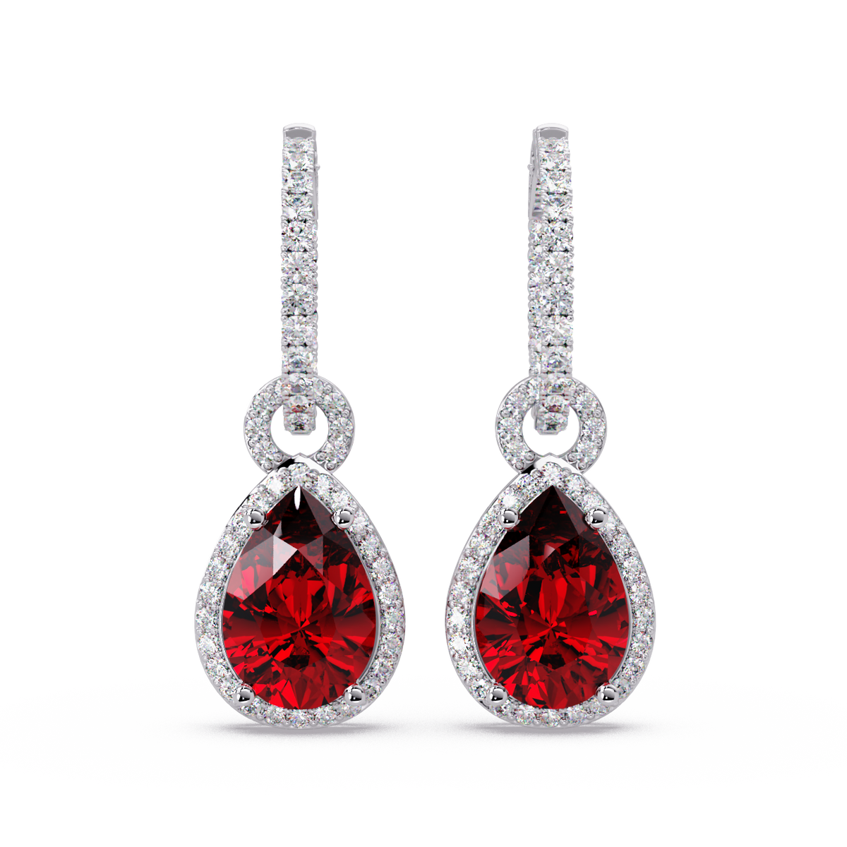 4.2 CTW pear halo colorstone drop earrings in White gold, Ruby Red centers
