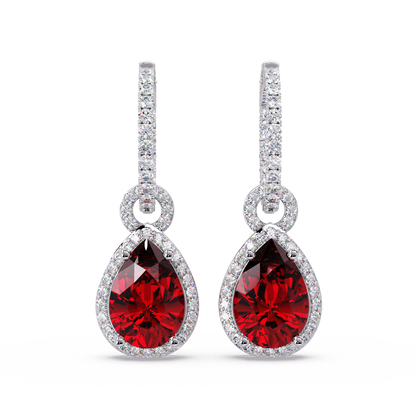 4.2 CTW pear halo colorstone drop earrings in White gold, Ruby Red centers