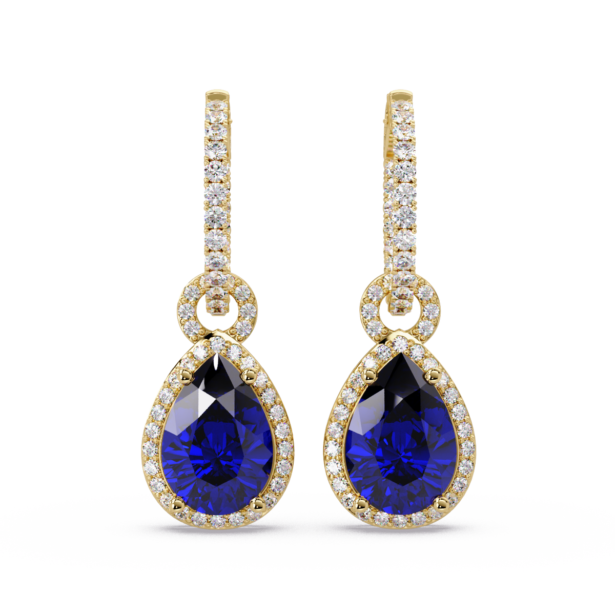 4.2 CTW pear halo colorstone drop earrings in Gold, Sapphire Blue centers