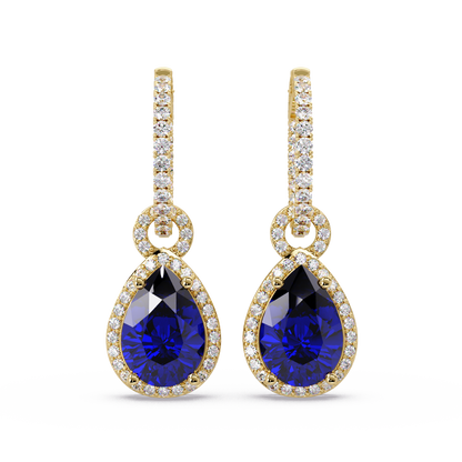 4.2 CTW pear halo colorstone drop earrings in Gold, Sapphire Blue centers