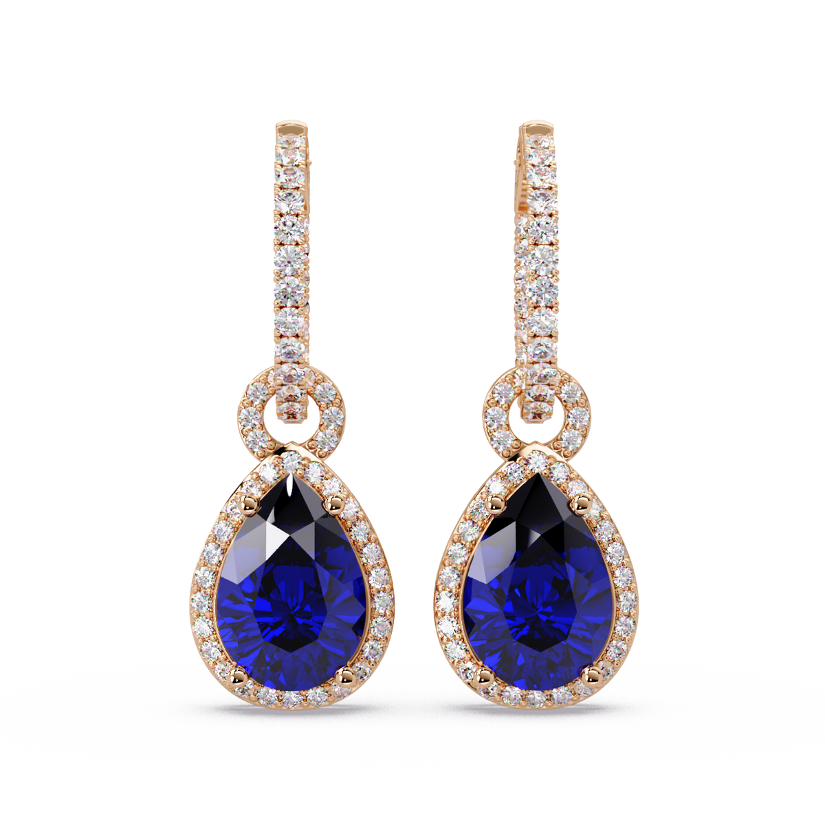 4.2 CTW pear halo colorstone drop earrings in Rose gold, Sapphire Blue centers