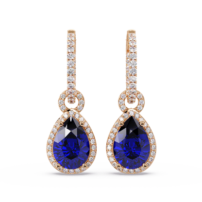 4.2 CTW pear halo colorstone drop earrings in Rose gold, Sapphire Blue centers
