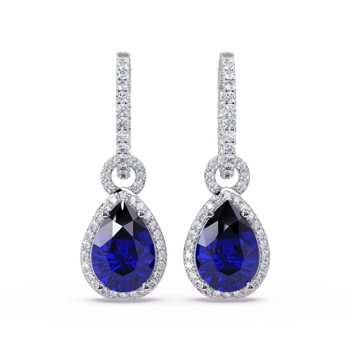 4.2 CTW pear halo colorstone drop earrings in White gold, Sapphire Blue centers