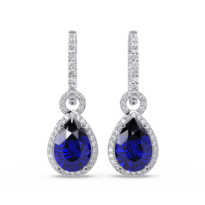4.2 CTW pear halo colorstone drop earrings in White gold, Sapphire Blue centers