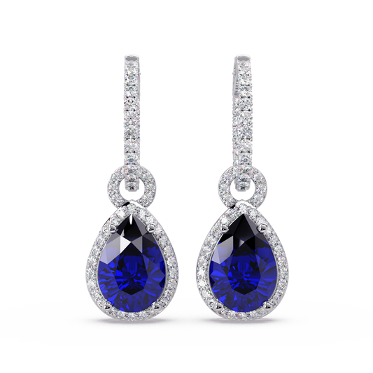 4.2 CTW pear halo colorstone drop earrings in White gold, Sapphire Blue centers
