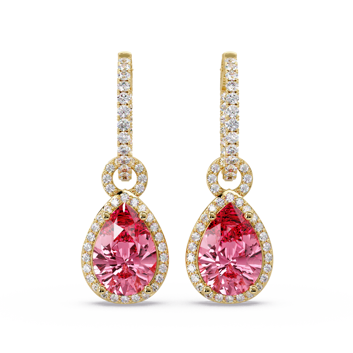 4.2 CTW pear halo colorstone drop earrings in Gold, Tourmaline Pink centers