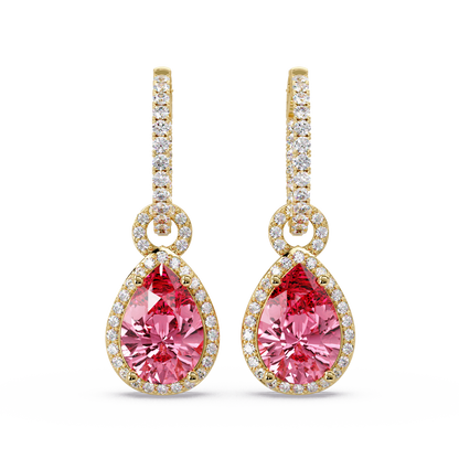 4.2 CTW pear halo colorstone drop earrings in Gold, Tourmaline Pink centers