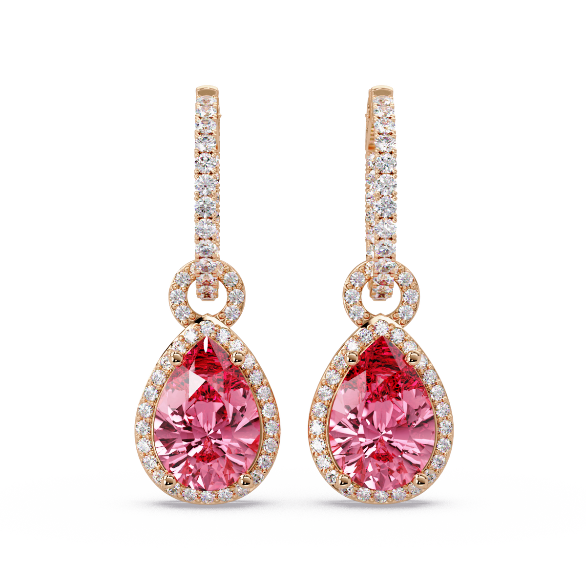 4.2 CTW pear halo colorstone drop earrings in Rose gold, Tourmaline Pink centers