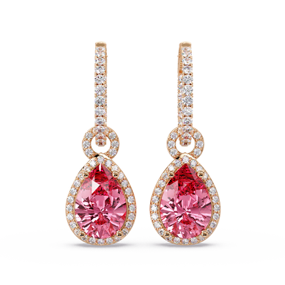 4.2 CTW pear halo colorstone drop earrings in Rose gold, Tourmaline Pink centers