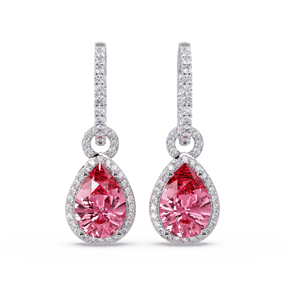 4.2 CTW pear halo colorstone drop earrings in White gold, Tourmaline Pink centers