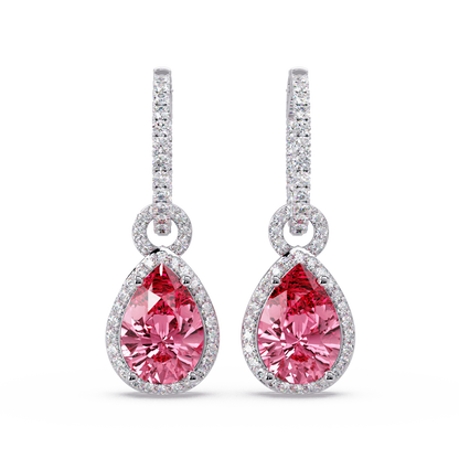 4.2 CTW pear halo colorstone drop earrings in White gold, Tourmaline Pink centers