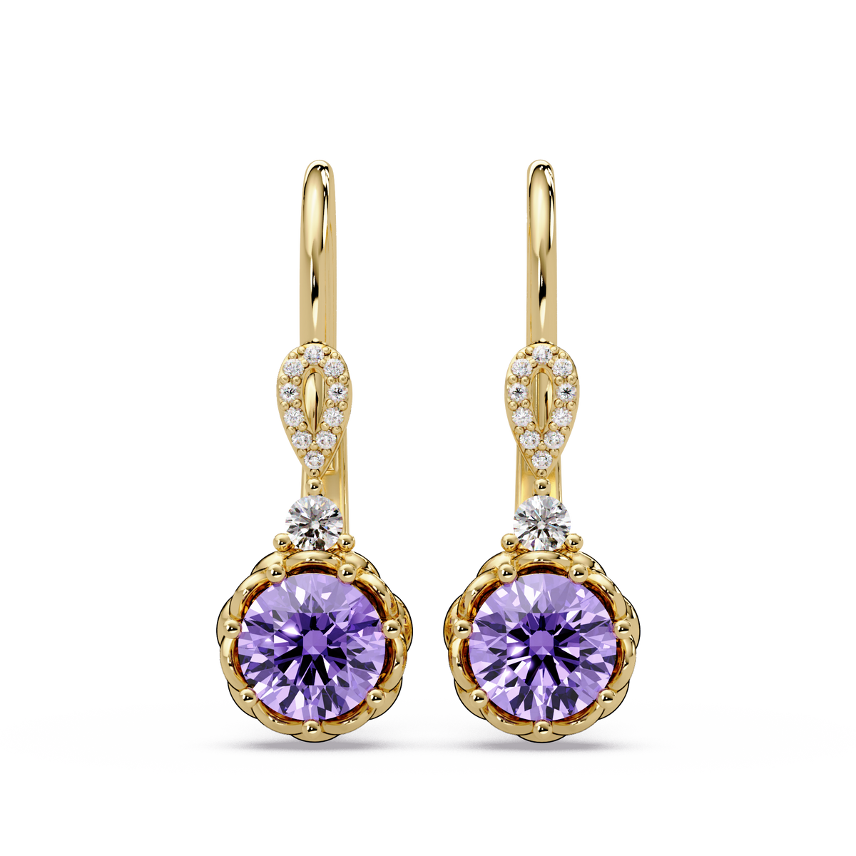 2.1 CTW round colorstone drop earrings in Gold, Amethyst Purple centers