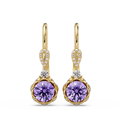 2.1 CTW round colorstone drop earrings in Gold, Amethyst Purple centers
