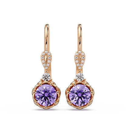 2.1 CTW round colorstone drop earrings in Rose gold, Amethyst Purple centers