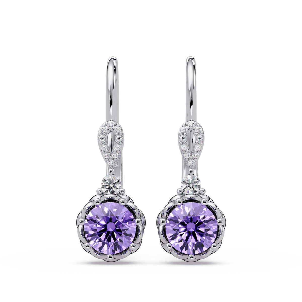 2.1 CTW round colorstone drop earrings in White gold, Amethyst Purple centers