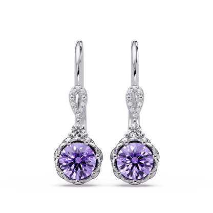2.1 CTW round colorstone drop earrings in White gold, Amethyst Purple centers