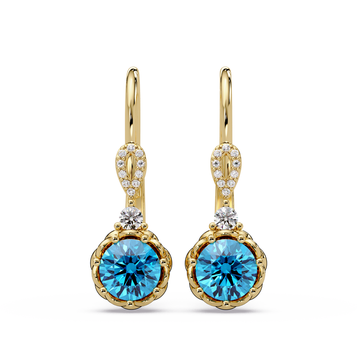 2.1 CTW round colorstone drop earrings in Gold, Aquamarine Blue centers