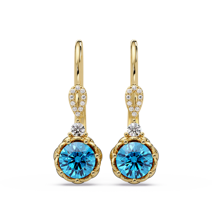 2.1 CTW round colorstone drop earrings in Gold, Aquamarine Blue centers