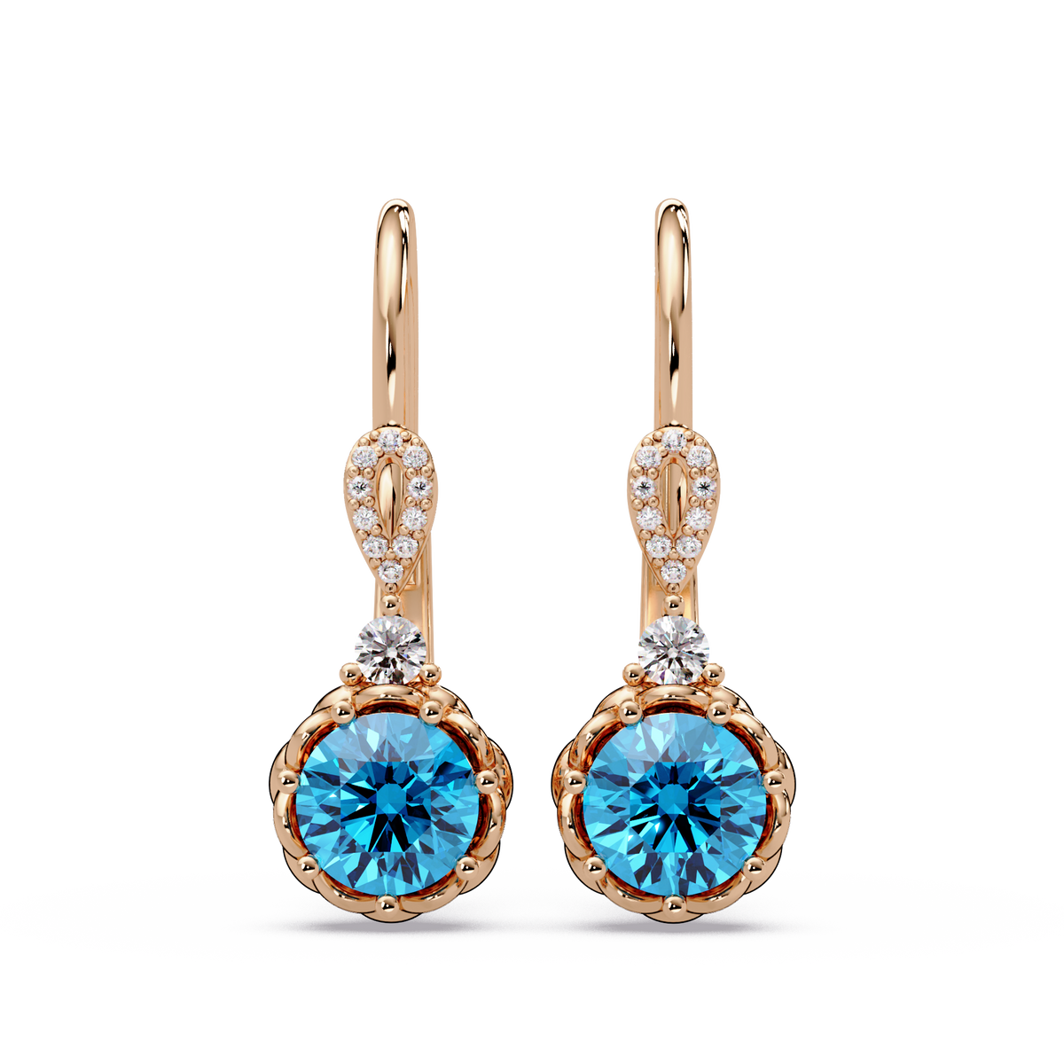 2.1 CTW round colorstone drop earrings in Rose gold, Aquamarine Blue centers