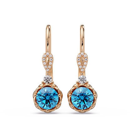 2.1 CTW round colorstone drop earrings in Rose gold, Aquamarine Blue centers
