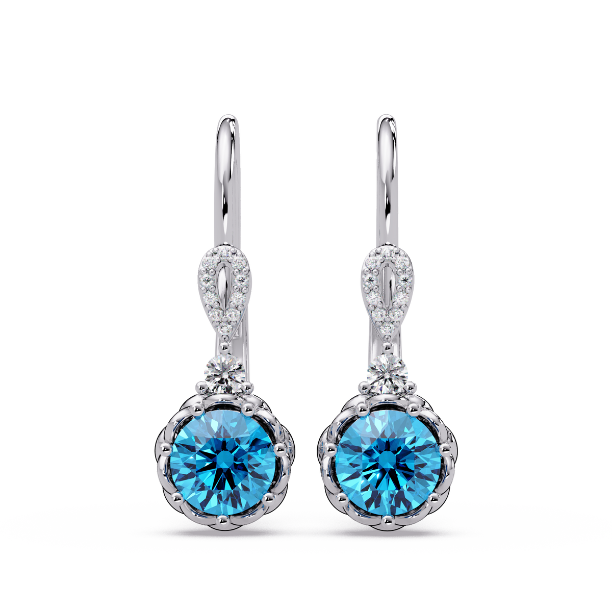 2.1 CTW round colorstone drop earrings in White gold, Aquamarine Blue centers