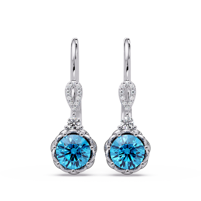 2.1 CTW round colorstone drop earrings in White gold, Aquamarine Blue centers