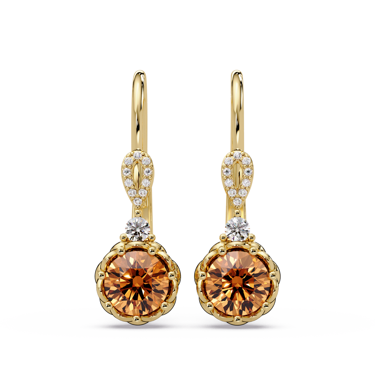 2.1 CTW round colorstone drop earrings in Gold, Champagne Topaz centers
