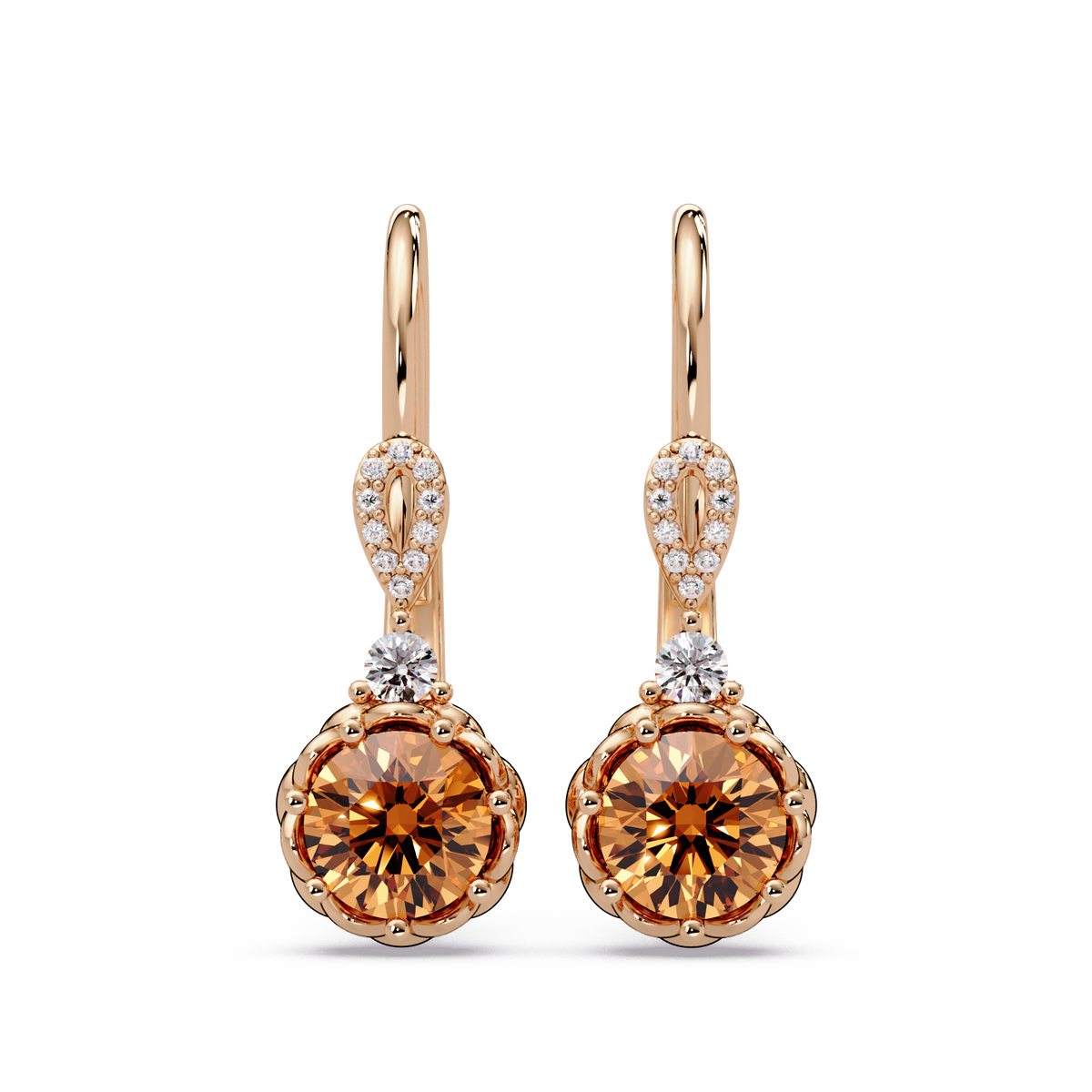 2.1 CTW round colorstone drop earrings in Rose gold, Champagne Topaz centers