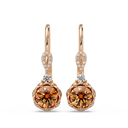 2.1 CTW round colorstone drop earrings in Rose gold, Champagne Topaz centers