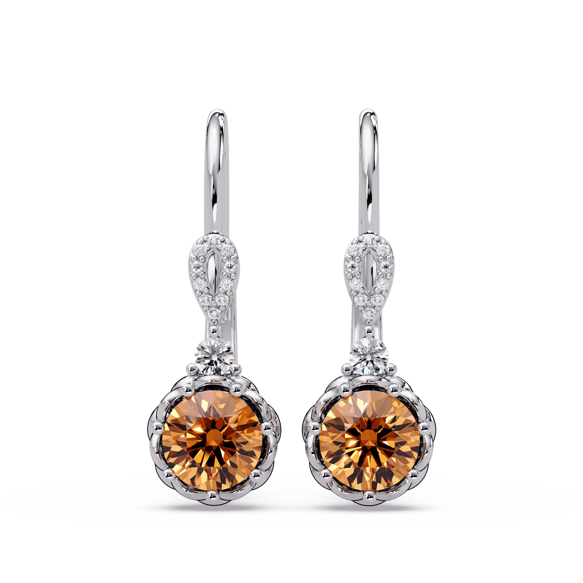 2.1 CTW round colorstone drop earrings in White gold, Champagne Topaz centers