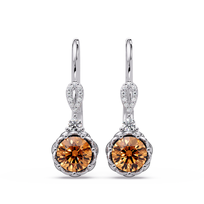 2.1 CTW round colorstone drop earrings in White gold, Champagne Topaz centers