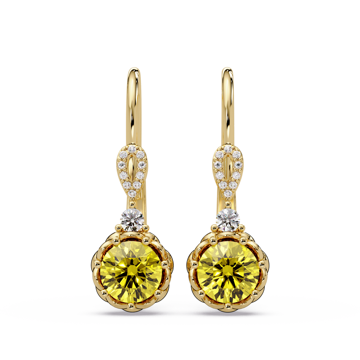 2.1 CTW round colorstone drop earrings in Gold, Citrine Yellow centers
