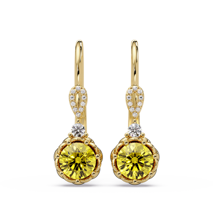 2.1 CTW round colorstone drop earrings in Gold, Citrine Yellow centers