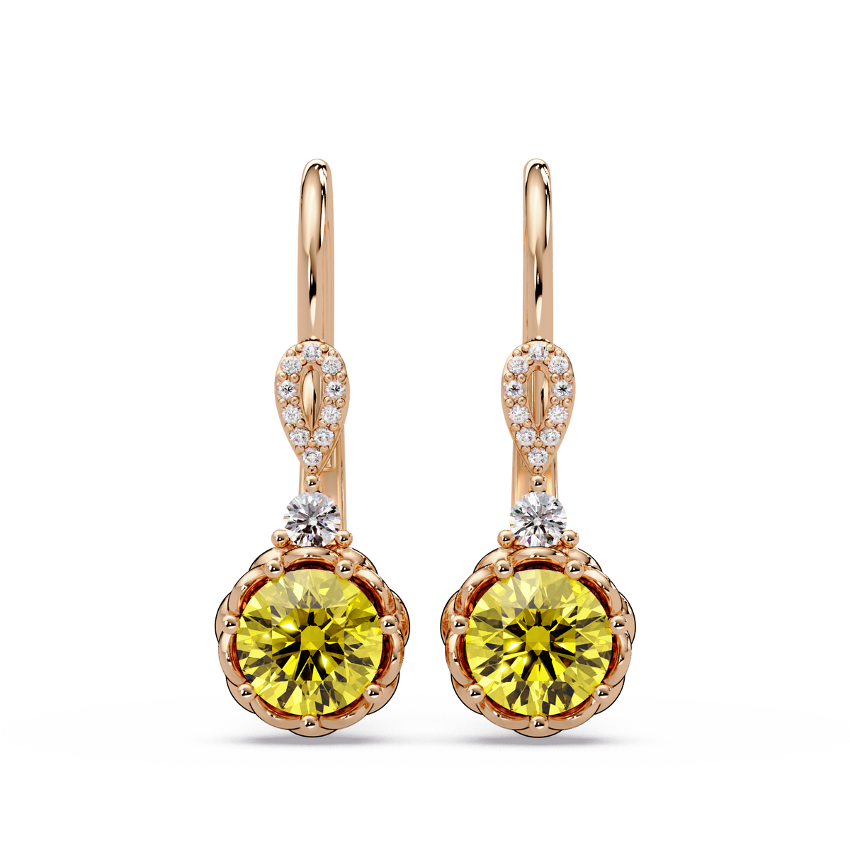 2.1 CTW round colorstone drop earrings in Rose gold, Citrine Yellow centers