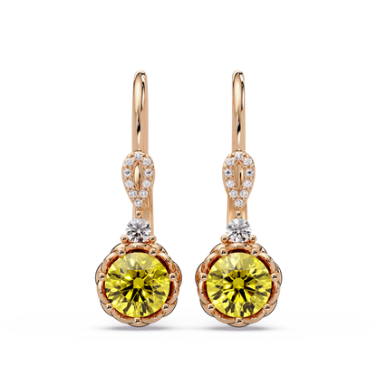 2.1 CTW round colorstone drop earrings in Rose gold, Citrine Yellow centers