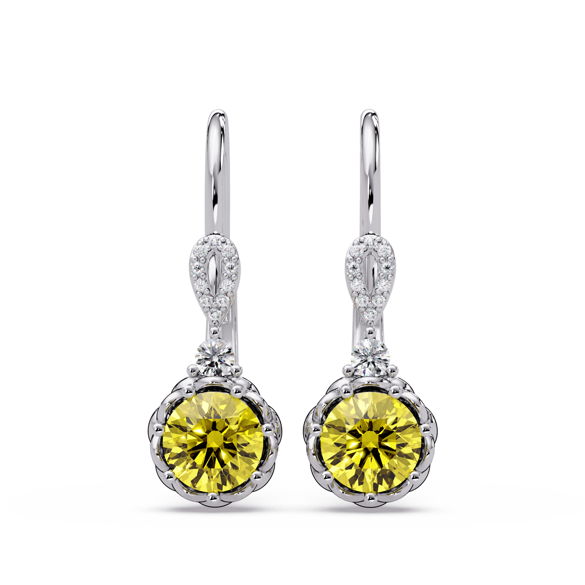 2.1 CTW round colorstone drop earrings in White gold, Citrine Yellow centers