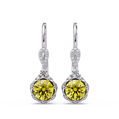 2.1 CTW round colorstone drop earrings in White gold, Citrine Yellow centers