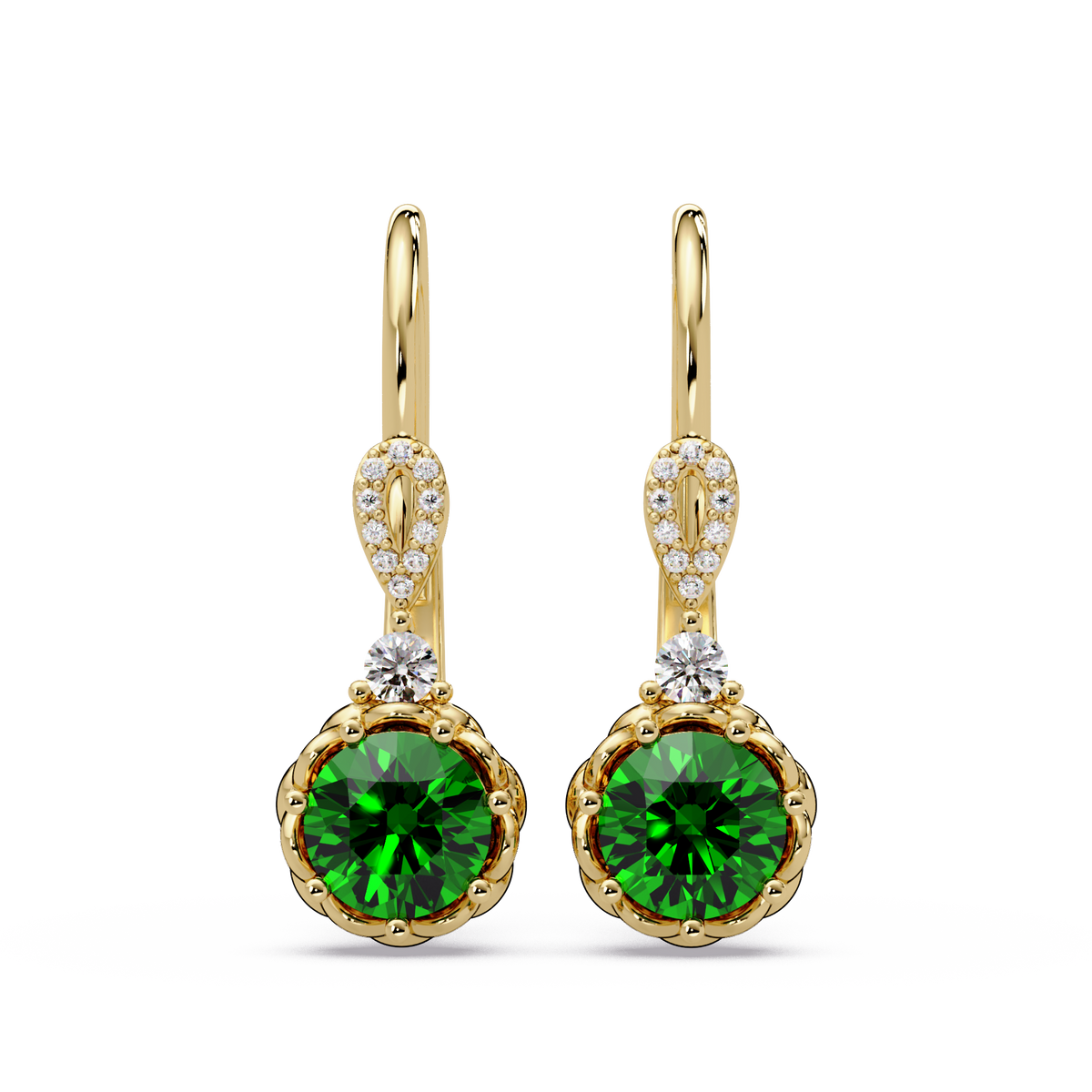 2.1 CTW round colorstone drop earrings in Gold, Emerald Green centers