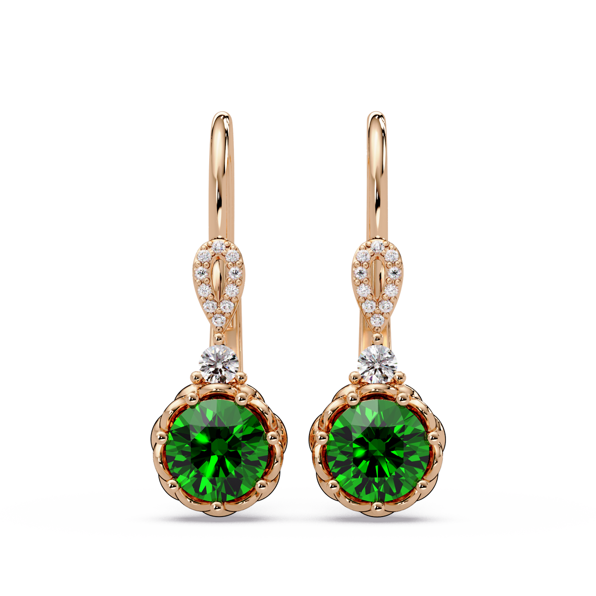2.1 CTW round colorstone drop earrings in Rose gold, Emerald Green centers