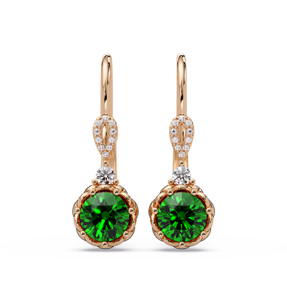 2.1 CTW round colorstone drop earrings in Rose gold, Emerald Green centers