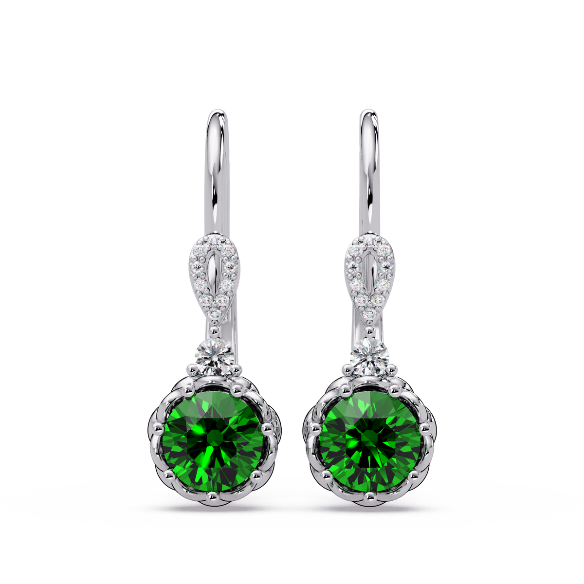 2.1 CTW round colorstone drop earrings in White gold, Emerald Green centers